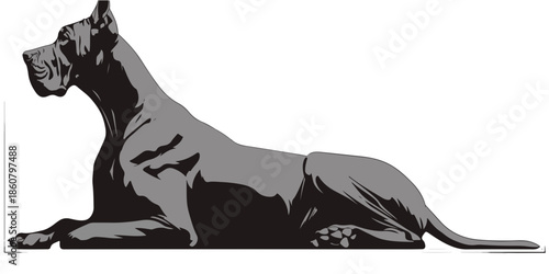 Représentation graphique d'un majestueux Grand Danois allongé de profil, avec un fond transparent, parfait pour divers projets de conception.