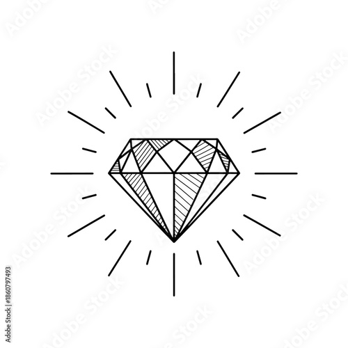 hand drawn diamond gemstone with sunburst rays in sketch line art style