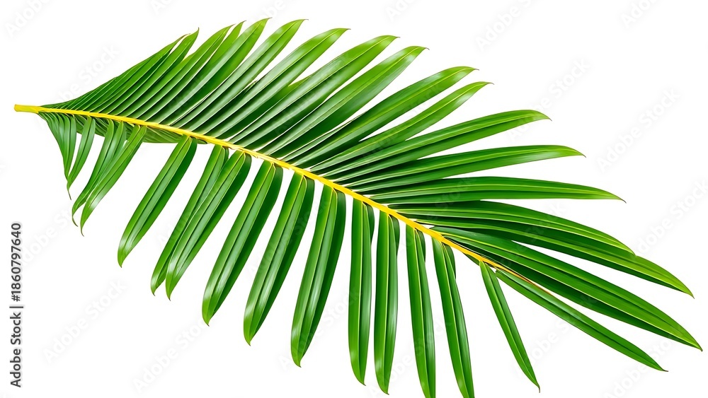 Obraz premium A single vibrant green tropical palm leaf isolated on a transparent background, crisp and detailed.