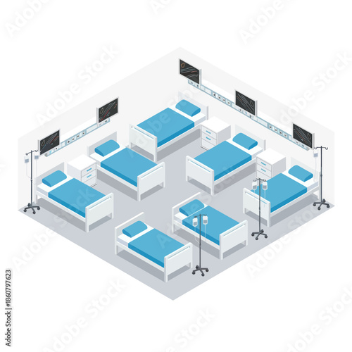 Hospital Ward with Multiple Beds and Equipment.