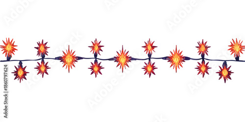 Guirlande lumineuse festive avec des étoiles scintillantes et brillantes, idéale pour les décorations de Noël ou de célébration sur fond transparent.