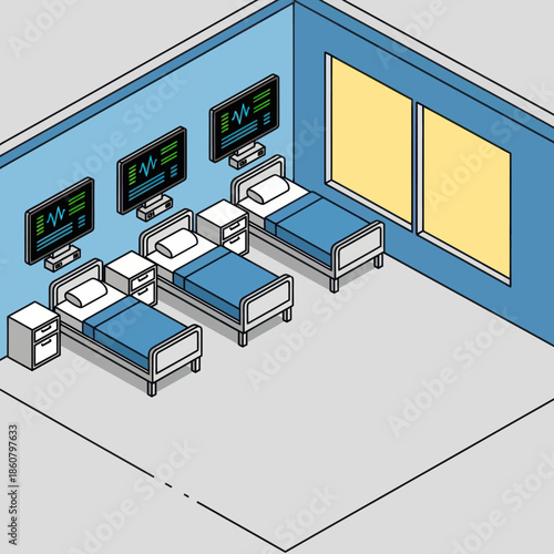 Hospital Room with Medical Equipment and Beds.