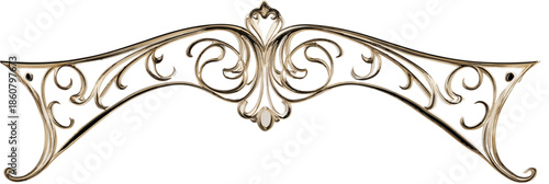 Ornement décoratif en fer forgé doré avec des volutes élégantes et un design symétrique, parfait pour des arrière-plans transparents.