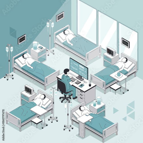 Hospital Ward with Patients and Medical Staff.