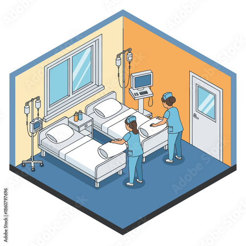 Hospital Room with Medical Staff and Equipment.