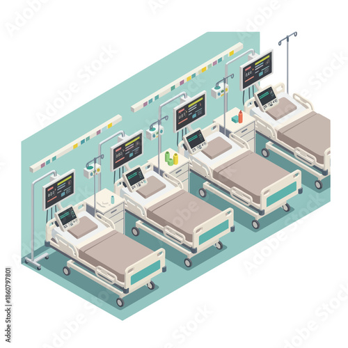 Hospital Room with Multiple Beds and Equipment.