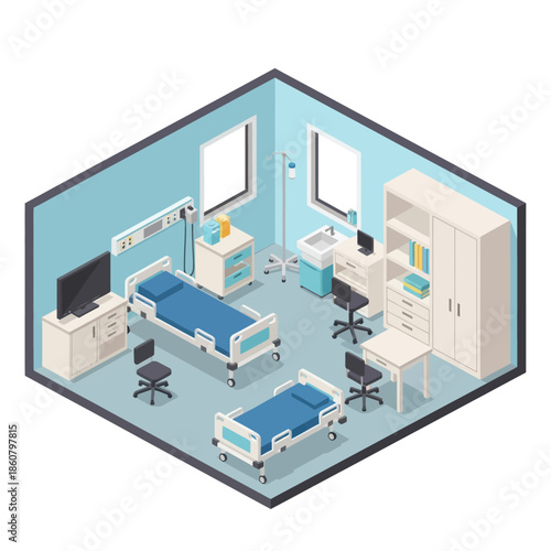 Hospital Room with Medical Equipment and Beds.