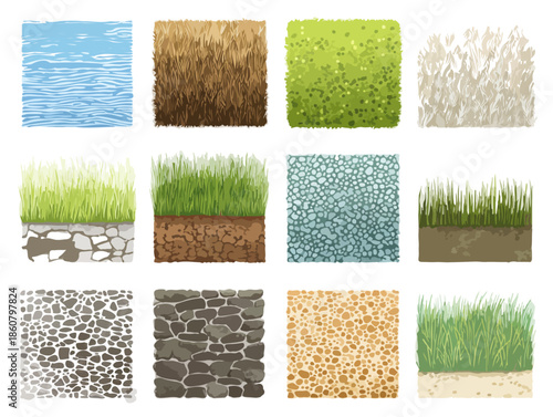 Ensemble de textures et de surfaces naturelles, y compris l'eau, l'herbe, le sol, les pierres et le sable, pour des conceptions graphiques.