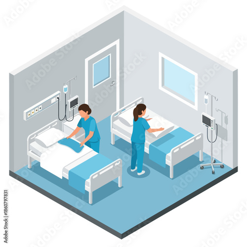 Hospital Room with Medical Staff and Patients.