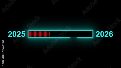 Neon New year 2026 loading bar animation on black background. Glowing Loading bar from 2025 to 2026 motion graphics. Loading Bar Progress From 4k video footage.