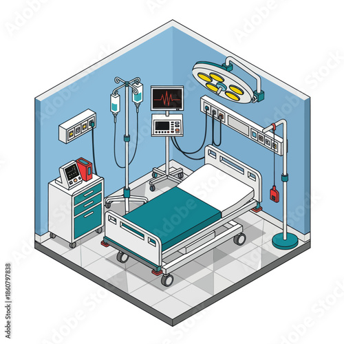 Hospital Room with Medical Equipment and Bed.