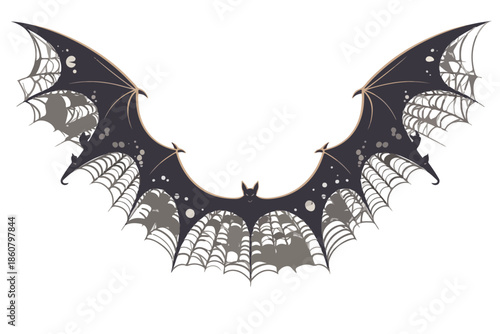 Illustration vectorielle d'ailes de chauve-souris sombres et élégantes avec des motifs de toile d'araignée, parfaites pour Halloween sur fond transparent.