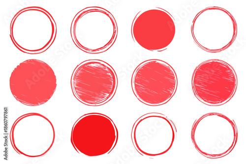 Collection de cercles rouges dessinés à la main, avec des textures grunge et des contours, parfaits pour des éléments graphiques transparents.