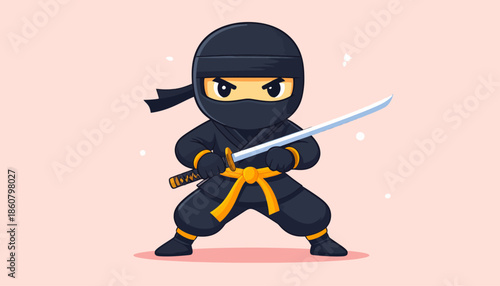 Cartoon Ninja Warrior with Katana Sword Ready for Action.
