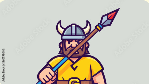 Cartoon Viking Warrior with Spear Ready for Battle.