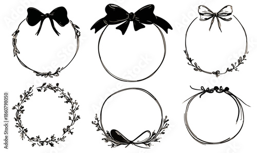 Cet ensemble élégant de six cadres circulaires dessinés à la main, ornés de délicats nœuds et de motifs végétaux, est idéal pour les designs transparents et les invitations créatives.