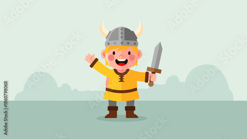Cartoon Viking Warrior with Sword and Horned Helmet Illustration.