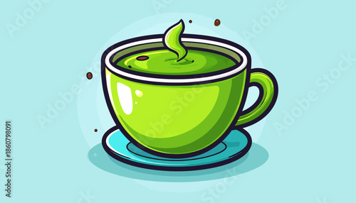 Illustration of a Green Tea Cup with a Leaf.