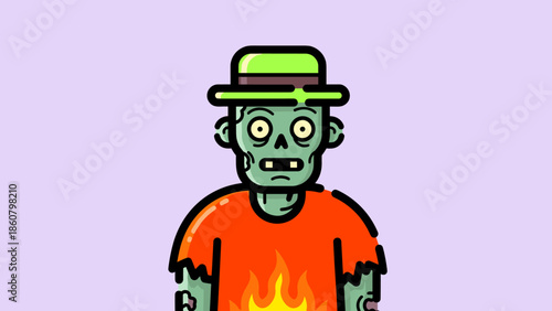 Cartoon Zombie Character with Hat and Burning Shirt Illustration.
