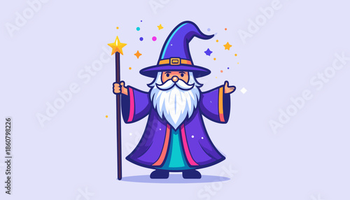 Cartoon Wizard with Staff and Magical Aura Illustration.