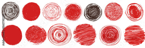 Collection de cercles dessinés à la main, rouges et noirs, avec des textures variées, parfaits pour des éléments de design graphique sur fond transparent.