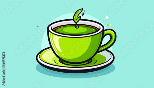 Illustration of a Green Tea Cup with Leaf.