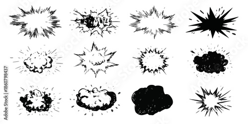 Collection de diverses explosions de style bande dessinée, éclats, et nuages de fumée, parfaits pour des effets visuels dynamiques et transparents.