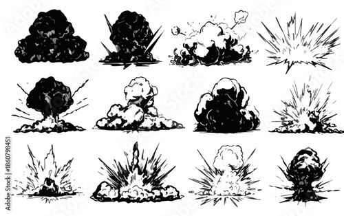 Ensemble d'illustrations vectorielles d'explosions et de nuages de fumée, style bande dessinée, parfait pour des effets graphiques transparents.