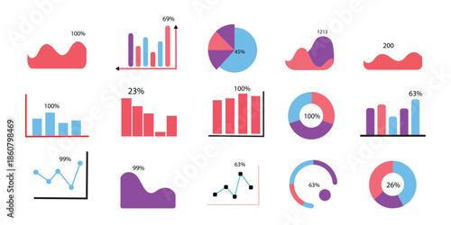 Various types of data visualizations isolated on transparent background, isolated on white background, Vector, illustration