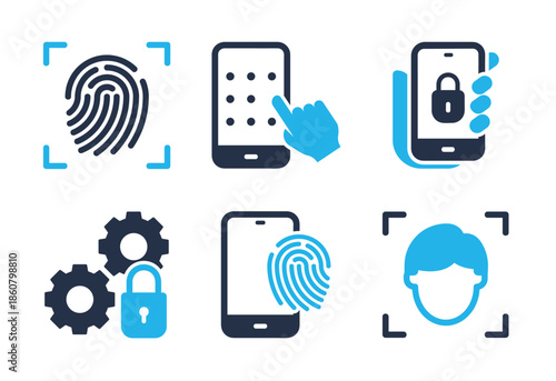 Biometric Security and Mobile Access icon set. Solid glyph series icons