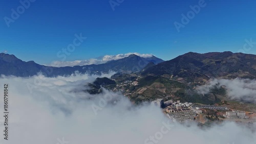 Sa Pa Town and Mountains Emerging Through Clouds, Vietnam