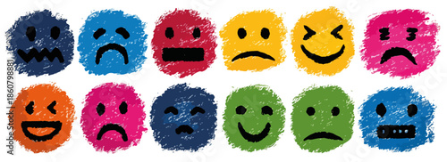 Collection d'émojis colorés dessinés à la main, exprimant une gamme variée d'émotions, avec un fond transparent pour une utilisation polyvalente.