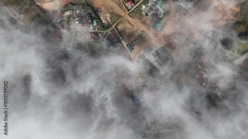 Bird’s Eye View of Fog Covering Sa Pa Town, Vietnam