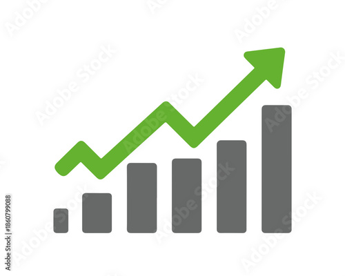 Graphique à barres avec flèche verte ascendante symbolisant la croissance économique, le succès financier et le progrès des affaires.