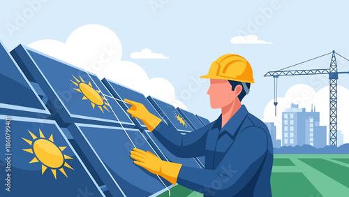 Solar panel technician installing renewable energy equipment.