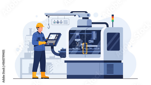 Skilled worker operating advanced CNC machine in industrial setting.