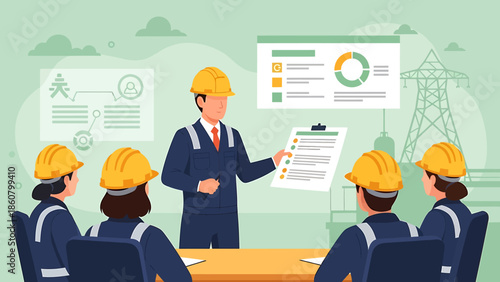 Team meeting with engineer presenting safety guidelines.