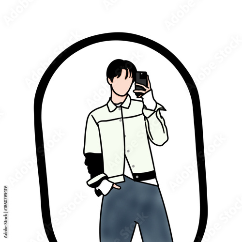 Vector illustration Korean K-pop idol. A male K-pop idol posing in front of a mirror.