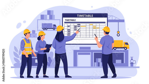 Team of construction workers planning a project on a timetable.