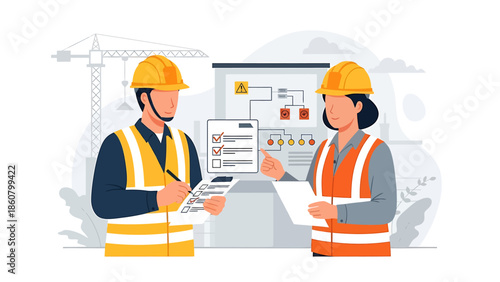 Two construction workers in hard hats and vests reviewing plans.