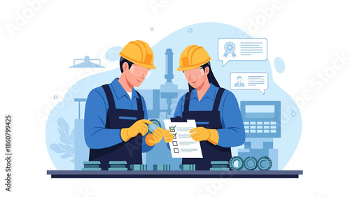 Two construction workers in hard hats reviewing a checklist document.