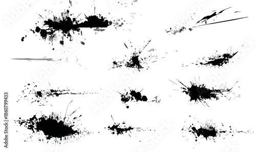 Collection d'éclaboussures d'encre noire et de taches grunge, idéales pour un design graphique abstrait et transparent, offrant des éléments artistiques modernes.