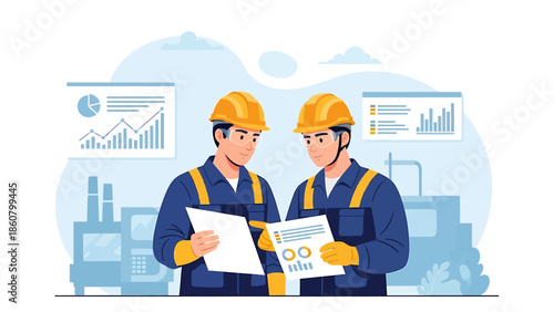 Two engineers in hard hats reviewing documents together.