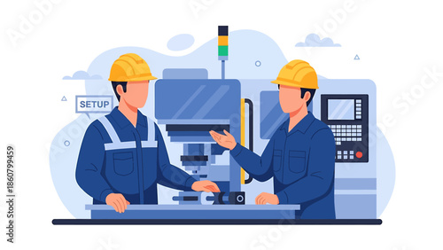 Two engineers working together on industrial machinery.