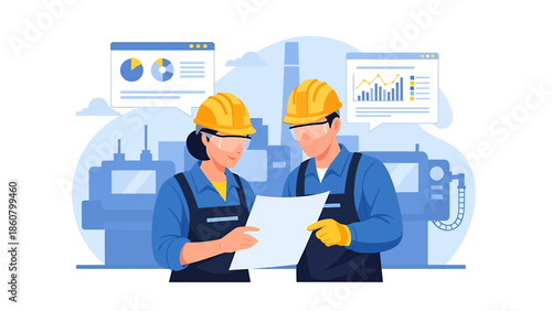 Two engineers in hard hats reviewing documents together.