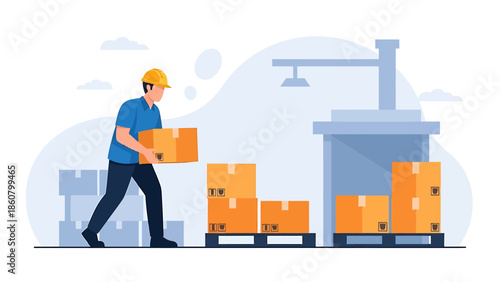 Warehouse worker carrying a cardboard box to a conveyor belt.