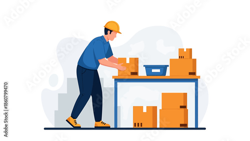 Warehouse worker organizing packages on a table.