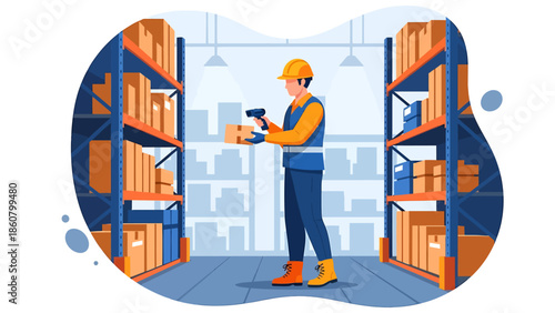 Warehouse worker scanning inventory with barcode scanner.