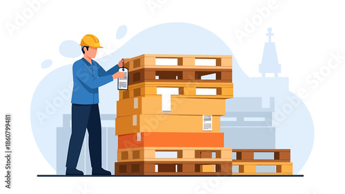 Warehouse worker stacking boxes on wooden pallets.