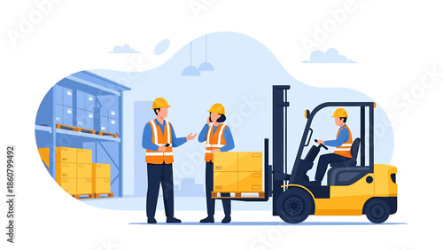 Warehouse workers operating forklift and discussing logistics.